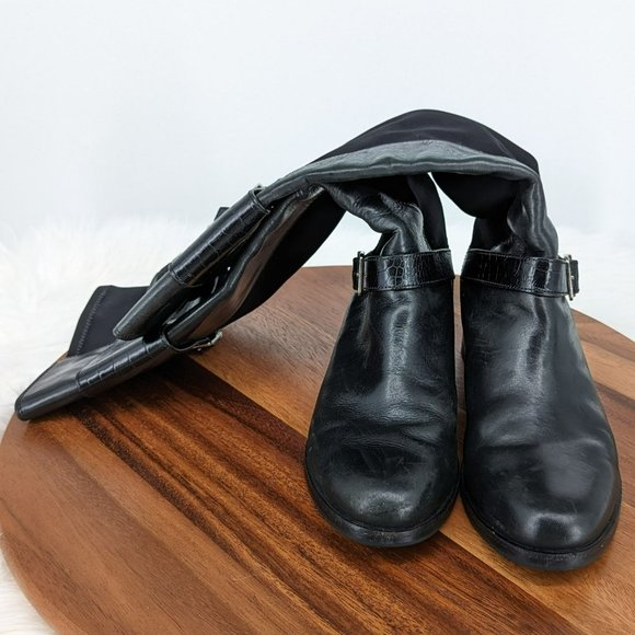 Cole Haan Tennley Knee High Boots 7.5 B Black Leather Stretch Buckles Pull On - Picture 12 of 13